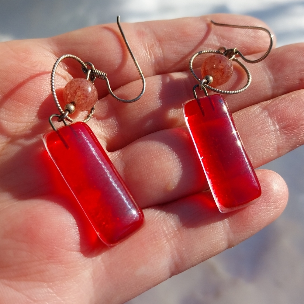 Sterling Silver Red Dangle Earrings - Picture 12 of 14